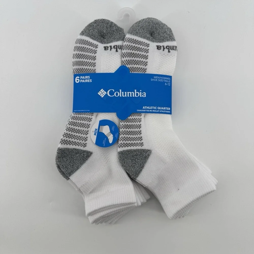New Columbia Mens Athletic Quarter White with Grey Socks 6 Pack sz 6 - 12 Large
